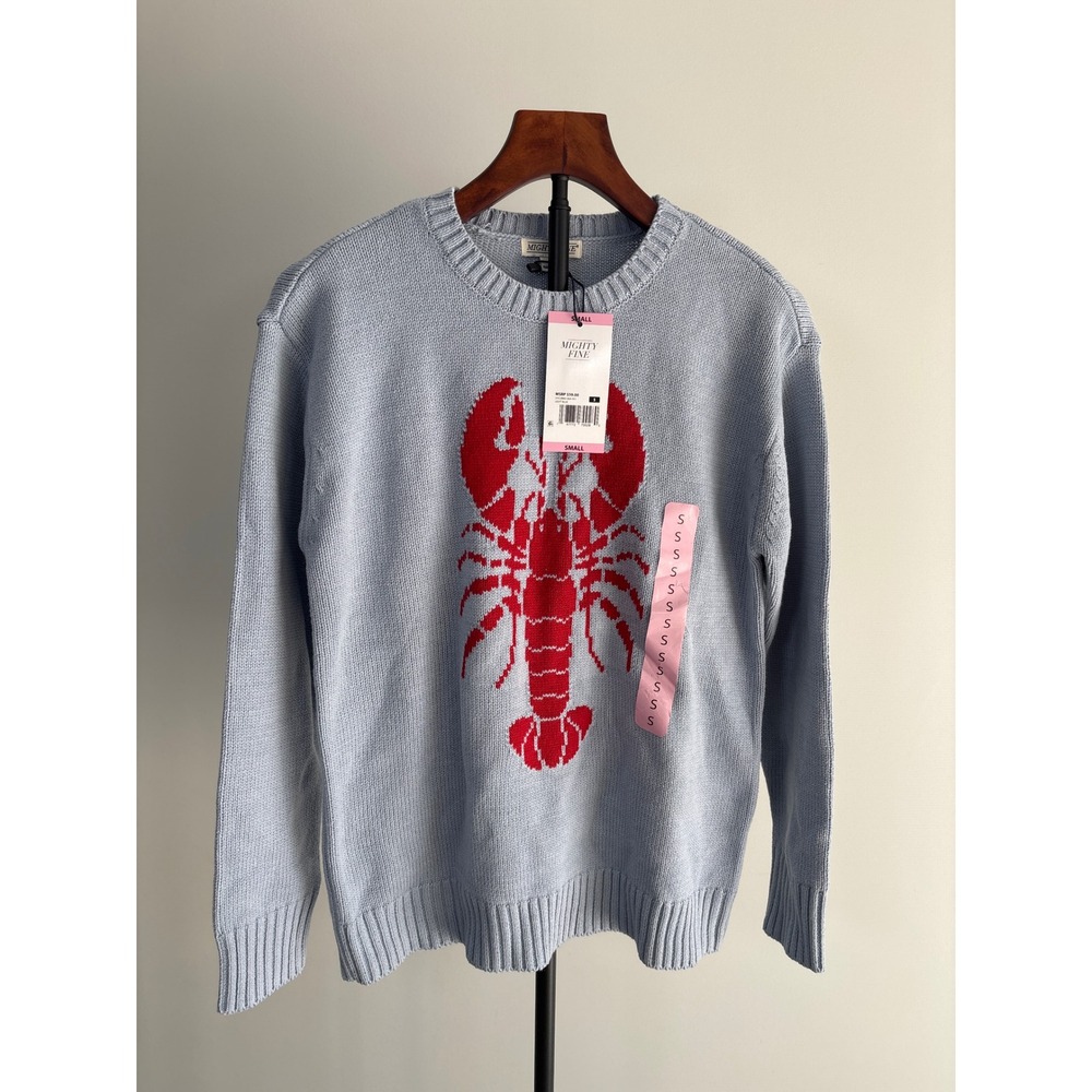 Lobster Sweater Women Small Blue Red Graphic Coastal Preppy Knit Nautical Animal